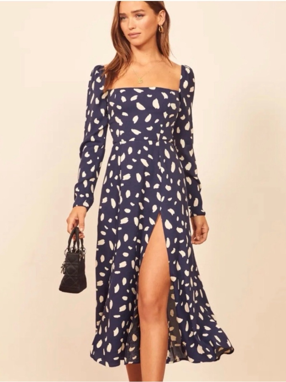 Reformation Navy and White Printed Midi Dress with Puff Sleeves